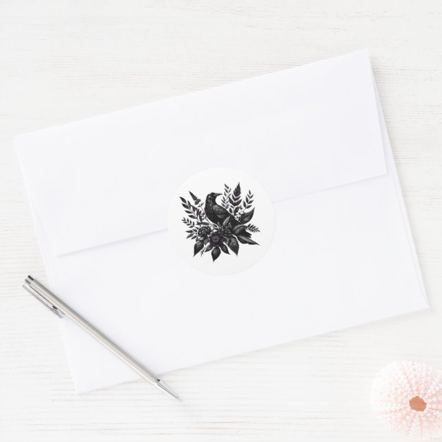 Floral Raven Classic Round Sticker (Envelope)