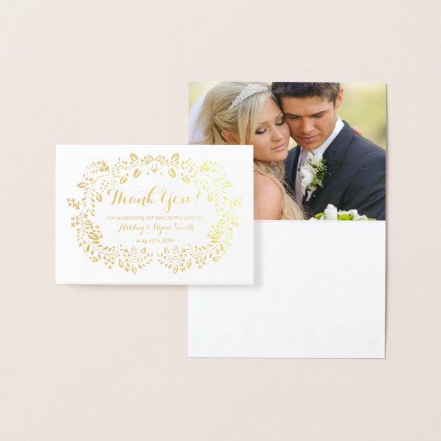 Floral Real Gold Foil Wedding Photo Thank you Card (Display)