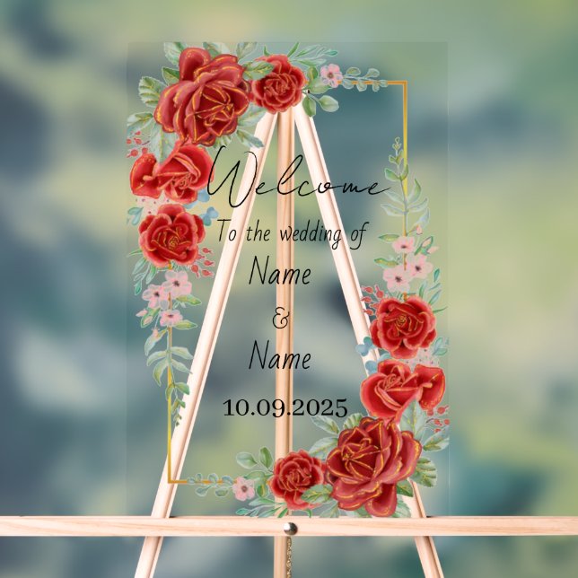 Floral red acrylic wedding sign  (Neutral)