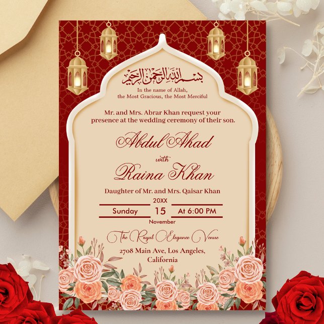 Floral Red and Gold Islamic Muslim Wedding  Invitation (Creator Uploaded)