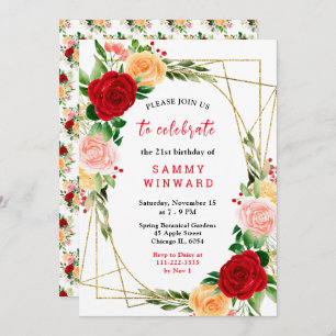 Floral Red and Orange Roses Birthday Invitation