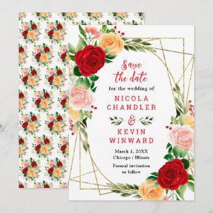 Floral Red and Orange Roses Wedding Save The Date