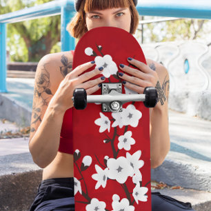 Floral Red And White Cherry Blossom Skateboard