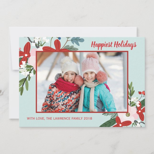 Floral Red Aqua Christmas Holiday Photo Card (Front)