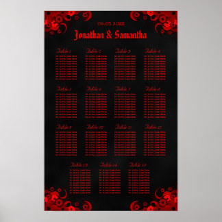 Floral Red & Black 15 Wedding Tables Seating Chart