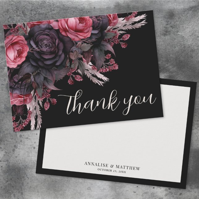 Floral Red Black Gothic Wedding Thank You Card (Floral Red Black Gothic Wedding Thank You Card)