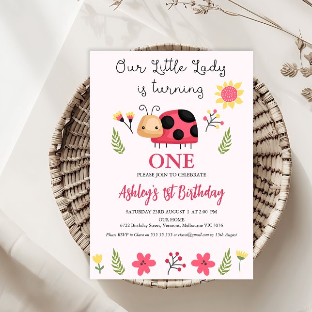 Floral Red Black Our Little Ladybug 1st Birthday Invitation (Little Lady Ladybug 1st Birthday Invitation Template Cute, Floral Ladybug Birthday Invitation, Pink)