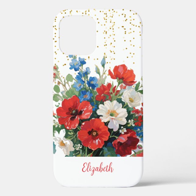 Floral Red Blue Gold Glitter Wildflowers Case-Mate iPhone Case (Back)