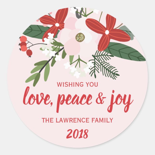 Floral Red Blush Pink Christmas Holiday Classic Round Sticker (Front)