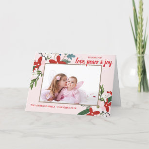 Floral Red Blush Pink Christmas Holiday Photo Card