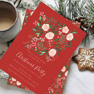 Floral Red Botanical Christmas Party Invitation