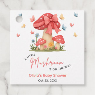 Floral Red Bow A Little Mushroom Baby Shower Favour Tags