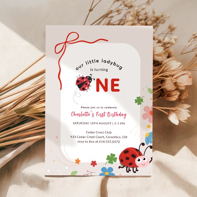 Floral Red Bow Little Ladybug Bug 1st Birthday Invitation (Creator Uploaded)