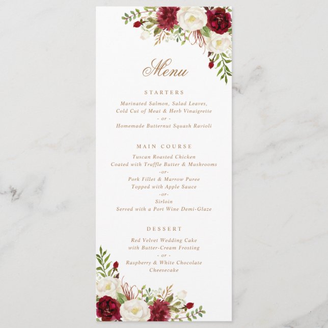 Floral Red Burgundy White Greenery Modern Minimal Menu (Front)