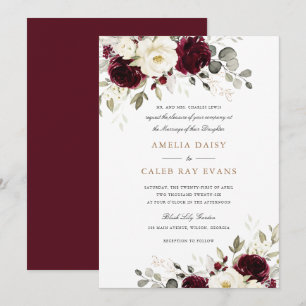 Floral Red Burgundy White Greenery Wedding Invitation