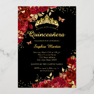 Floral Red Butterfly Elegant Gold Quinceanera