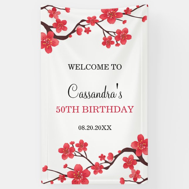 Floral Red Cherry Blossom Sakura Birthday Welcome Banner (Vertical)