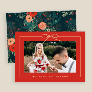Floral Red Festive Bow Framed Photo Christmas Holiday Card