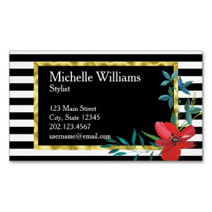 Floral Red Flowers Black White Stripes Gold Border Magnetic Business Card