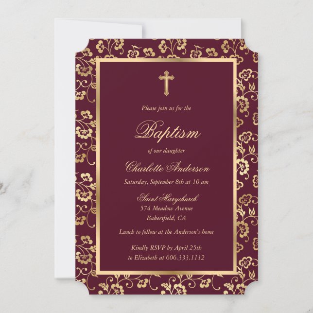 Floral Red Gold Cross Script Baptism Invitation (Front)