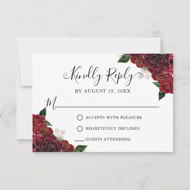 Floral Red Gold Quinceañera RSVP Card (Front)