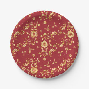 Floral Red Gold Stars Christmas Party Metallic Paper Plate