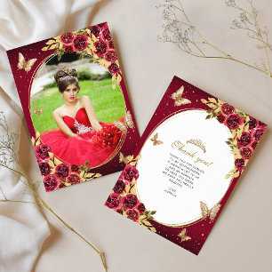Floral Red Gold Tiara Butterfly Photo Quinceañera Thank You Card