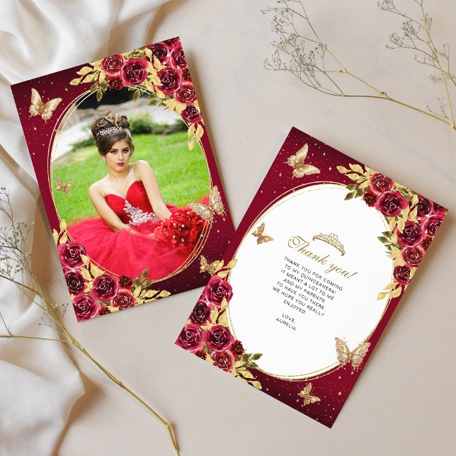 Floral Red Gold Tiara Butterfly Photo Quinceañera Thank You Card (Creator Uploaded)