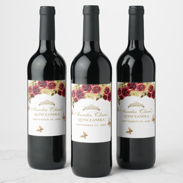 Floral Red Gold Tiara Butterfly Quinceañera Wine Label (Bottles)
