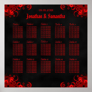 Floral Red Goth 15 Wedding Tables Seating Chart