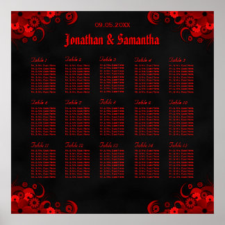 Floral Red Goth 15 Wedding Tables Seating Chart
