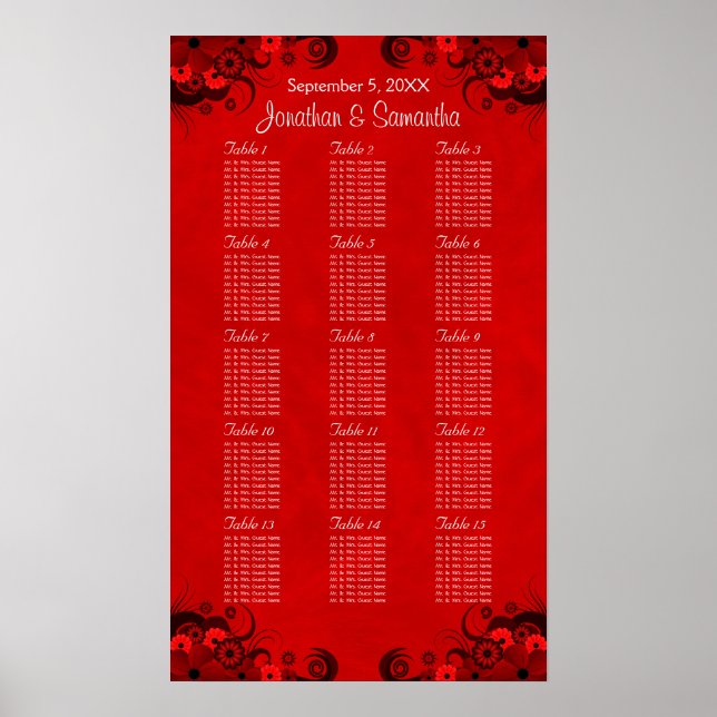 Floral Red Gothic 15 Wedding Tables Seating Charts (Front)