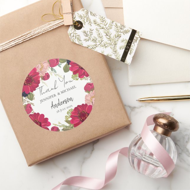 Floral Red Green Wedding Thank You Classic Round Sticker (Gifting)