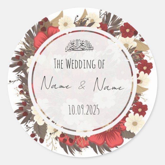 Floral red Islamic wedding favor stickers  (Front)