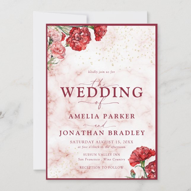 Floral Red Marble Script Overlay Wedding Invitati Invitation (Front)