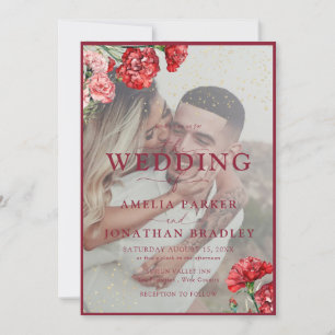 Floral Red Marble Script Overlay Wedding Invitati Invitation