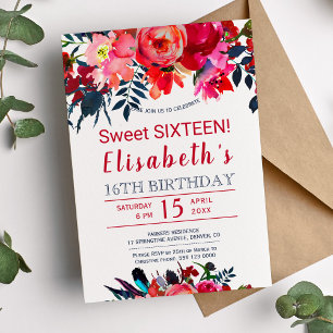 Floral red navy boho peony flowers sweet sixteen invitation
