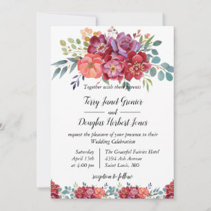 Floral. red orange and dusty rose QR code Wedding Invitation