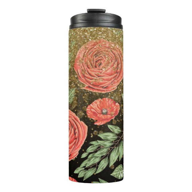 *~* Floral Red PEONY POPPY Gold Glitter Thermal Tumbler (Front)