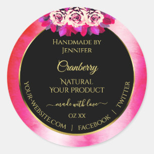 Floral Red Pink Marble Pattern Black Product Label