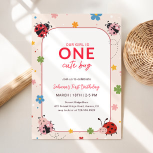 Floral Red Pink One Cute Bug Ladybug 1st Birthday Invitation