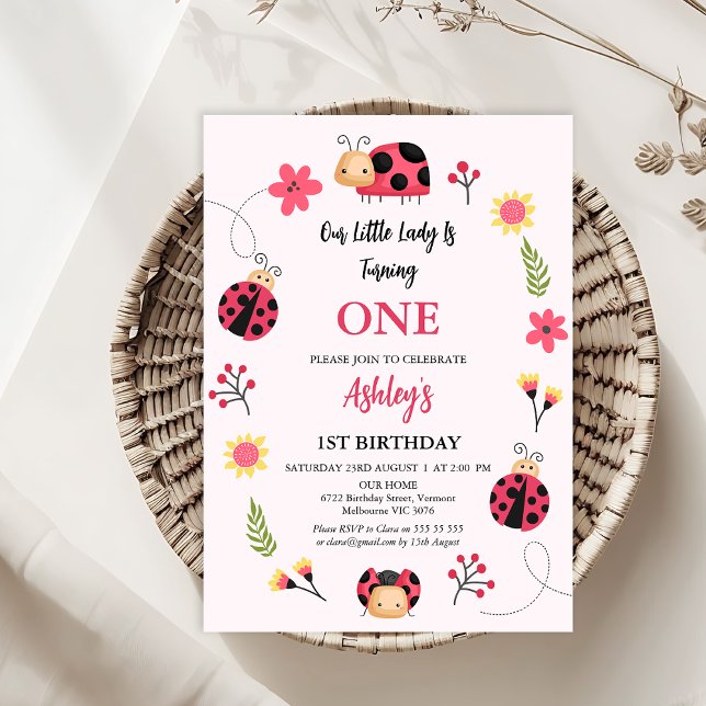 Floral Red Pink Our Little Ladybug 1st Birthday Invitation (Ladybug 1st Birthday Invitation Template, Editable Our Little Lady Ladybug Birthday Invitation)