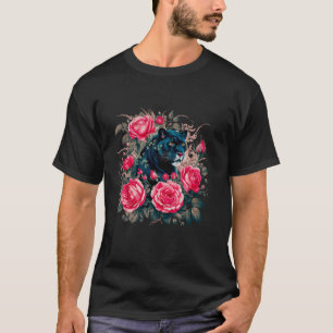 Floral Red Pink Roses Panther Black Feline Vintage T-Shirt