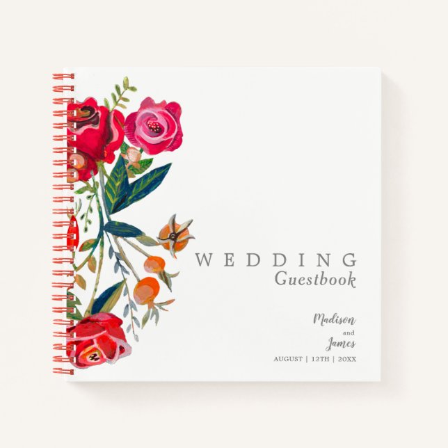 Floral red pink roses Wedding Guest Book (Front)