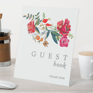 Floral red pink roses Wedding Guest Book Pedestal Sign