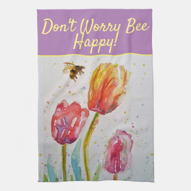 Floral Red Pink Tulip Don't Worry Bee Happy Tea Te Tea Towel (Vertical)