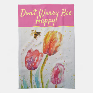 Floral Red Pink Tulip Don't Worry Bee Happy Tea Te Towel