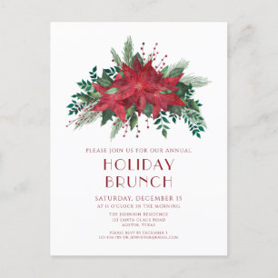 Floral Red Poinsettia Holiday Brunch Invitation Postcard