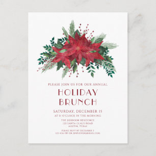 Floral Red Poinsettia Holiday Brunch Invitation Postcard