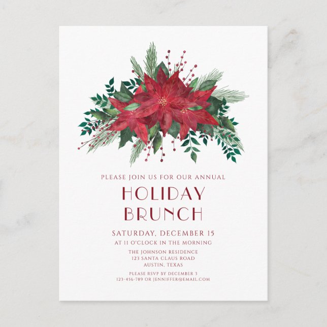 Floral Red Poinsettia Holiday Brunch Invitation Postcard (Front)